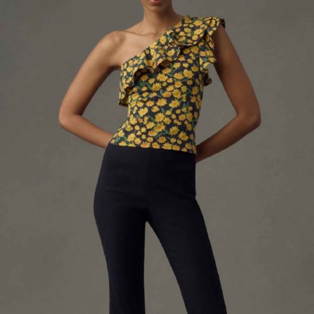 Anthropologie Maeve One-Shoulder Ruffled Top NWT Medium Floral Yellow Flowers - Picture 5 of 11
